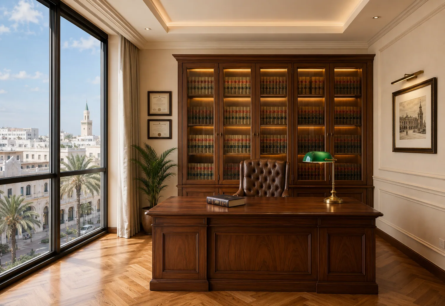 Cabinet d'avocat soigné, bibliothèque juridique et bureau, lumière du jour.