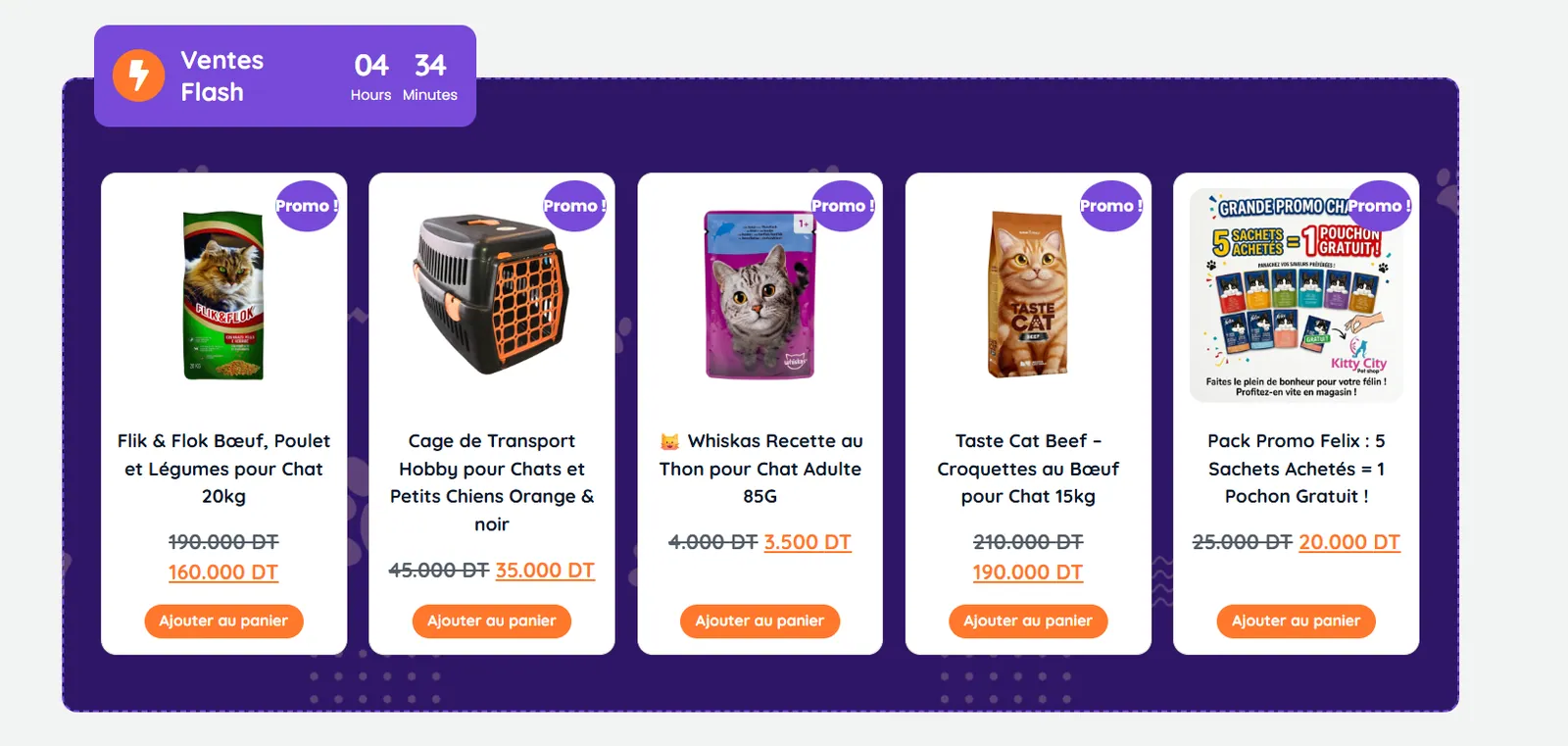 Catalogue produit : fiches avec photo, prix et ajout au panier, rangées par catégories pour une recherche rapide sur mobile.