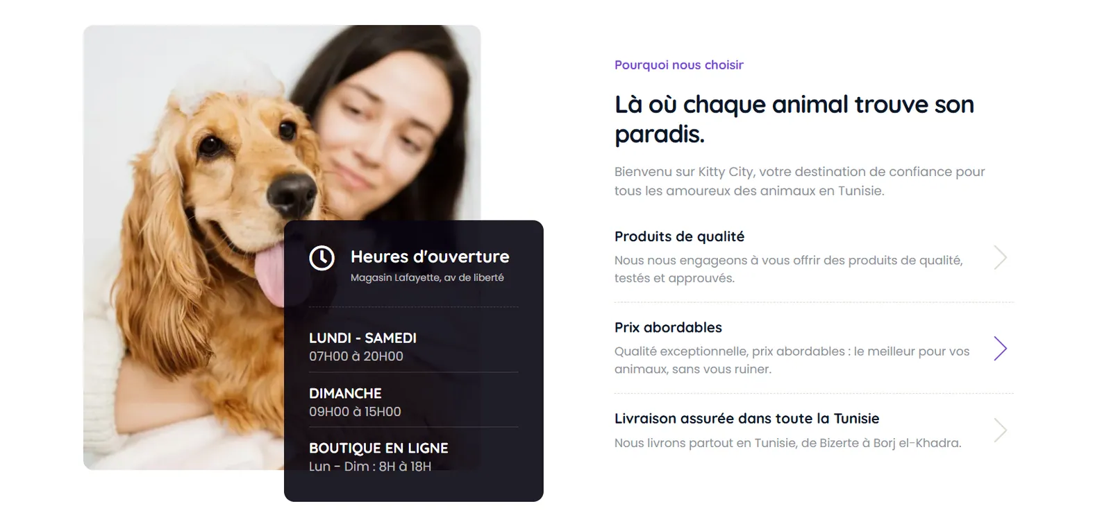 Page services : le toilettage présenté avec une demande de rendez-vous en ligne, pour sortir les échanges des messages privés.
