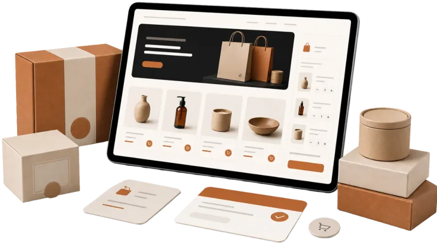 Boutique en ligne avec catalogue, panier et commande, affichée sur tablette