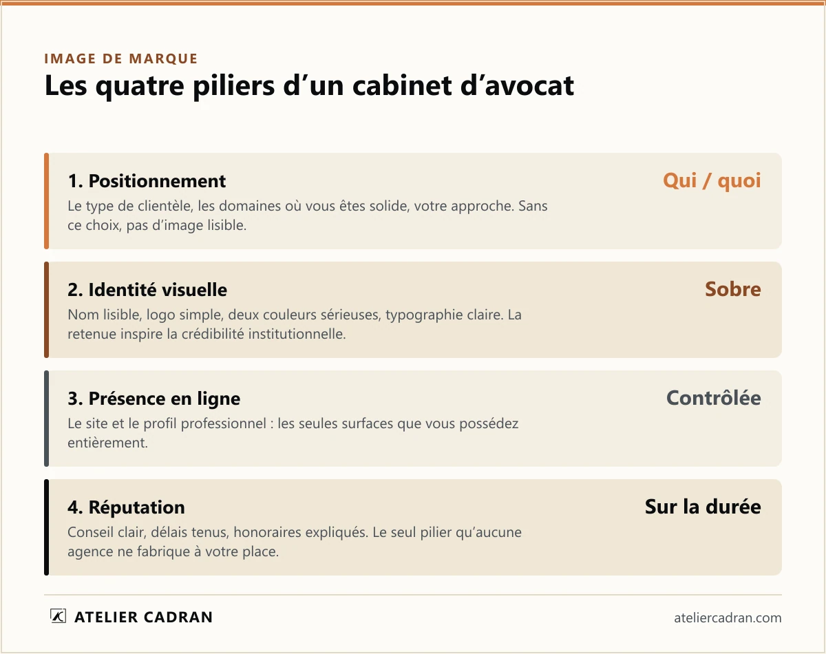 Les quatre piliers de l’image de marque d’un cabinet d’avocat en Tunisie : le positionnement qui définit qui vous servez, l’identité visuelle qui porte le sérieux, la présence en ligne que vous contrôlez, et la réputation qui se construit sur la durée.