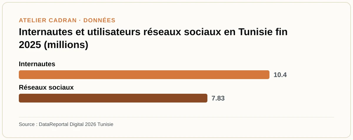 Internautes et utilisateurs réseaux sociaux en Tunisie fin 2025 (millions)