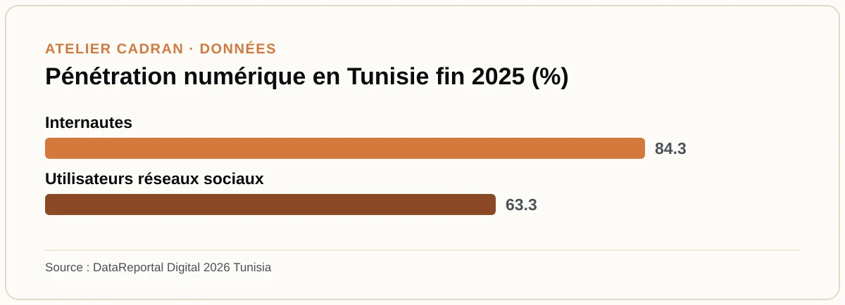 Pénétration numérique en Tunisie fin 2025 (%)